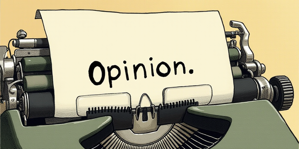 a typewriter with a face drawn on it and a caption for the words opinion and a question, Edward Otho