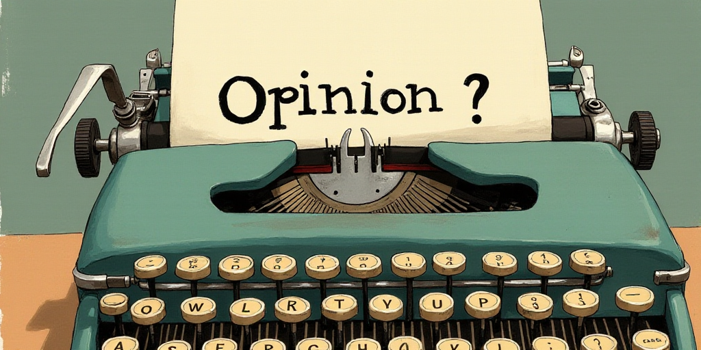 a typewriter with a face drawn on it and a caption for the words opinion and a question, Edward Otho