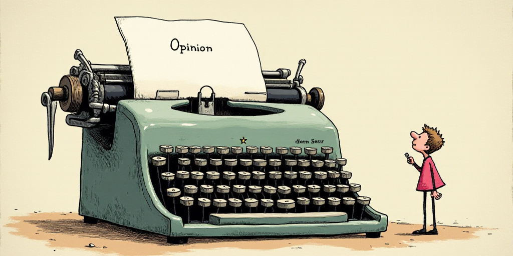 a typewriter with a face drawn on it and a caption for the words opinion and a question, Edward Otho