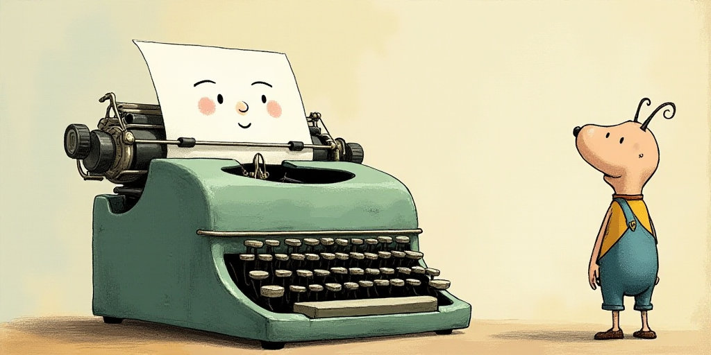a typewriter with a face drawn on it and a caption for the words opinion and a question, Edward Otho