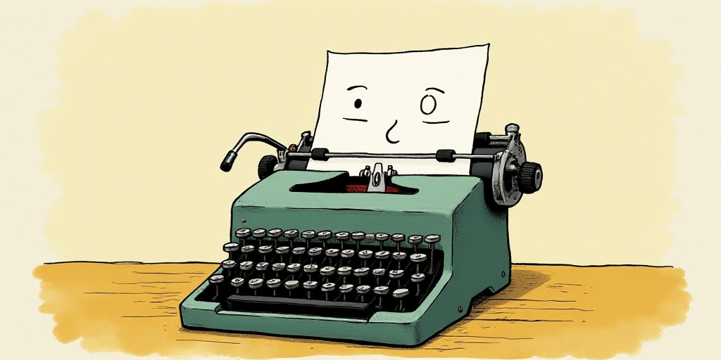 a typewriter with a face drawn on it and a caption for the words opinion and a question, Edward Otho