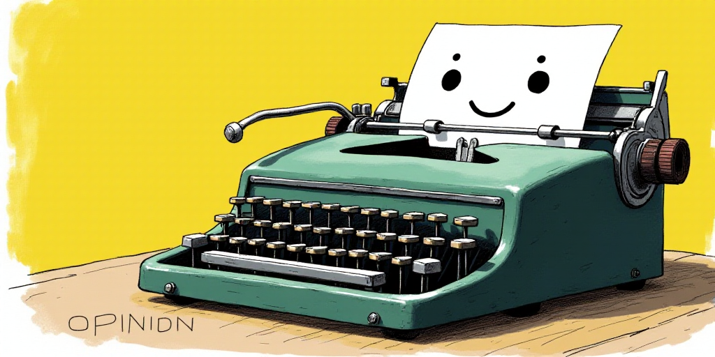 a typewriter with a face drawn on it and a caption for the words opinion and a question, Edward Otho
