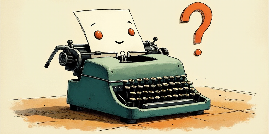 a typewriter with a face drawn on it and a caption for the words opinion and a question, Edward Otho