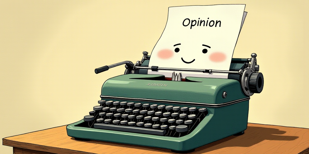 a typewriter with a face drawn on it and a caption for the words opinion and a question, Edward Otho