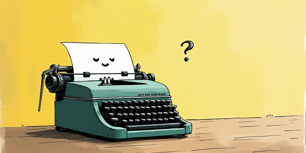 a typewriter with a face drawn on it and a caption for the words opinion and a question, Edward Otho