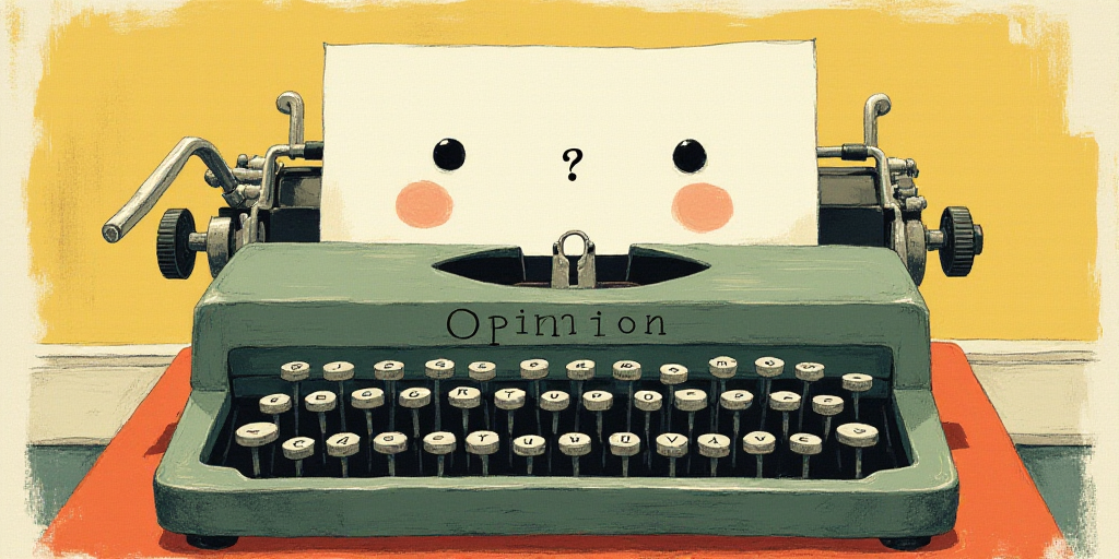 a typewriter with a face drawn on it and a caption for the words opinion and a question, Edward Otho
