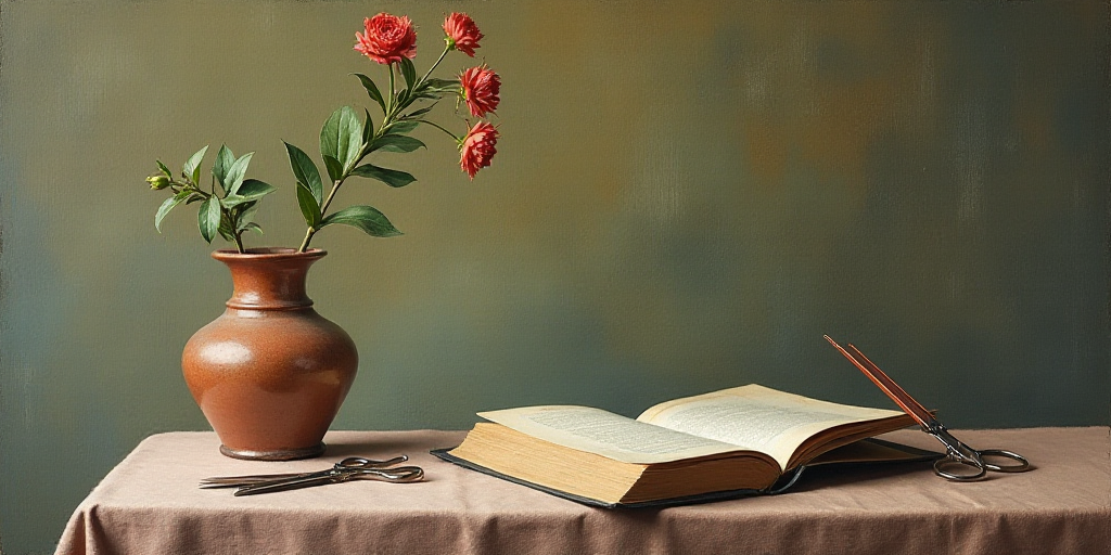a vase with a plant and a book on a table with a pair of scissors and a pair of scissors, De Hirsh M