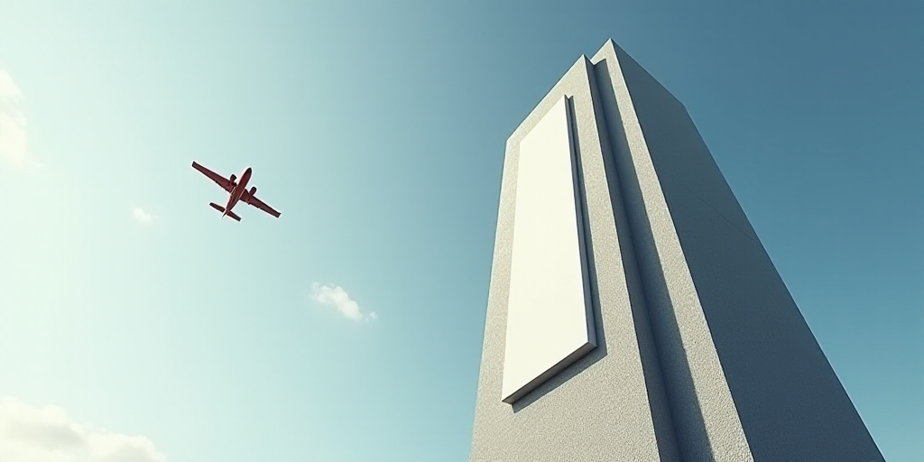 a very tall building with a very large sign on it's side and a plane flying by it, Caspar Wolf, shar