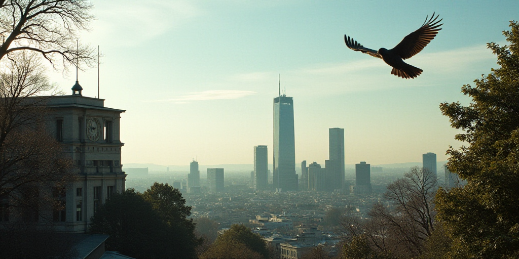 a view of a city with tall buildings and a clock tower in the foreground, and a bird flying overhead