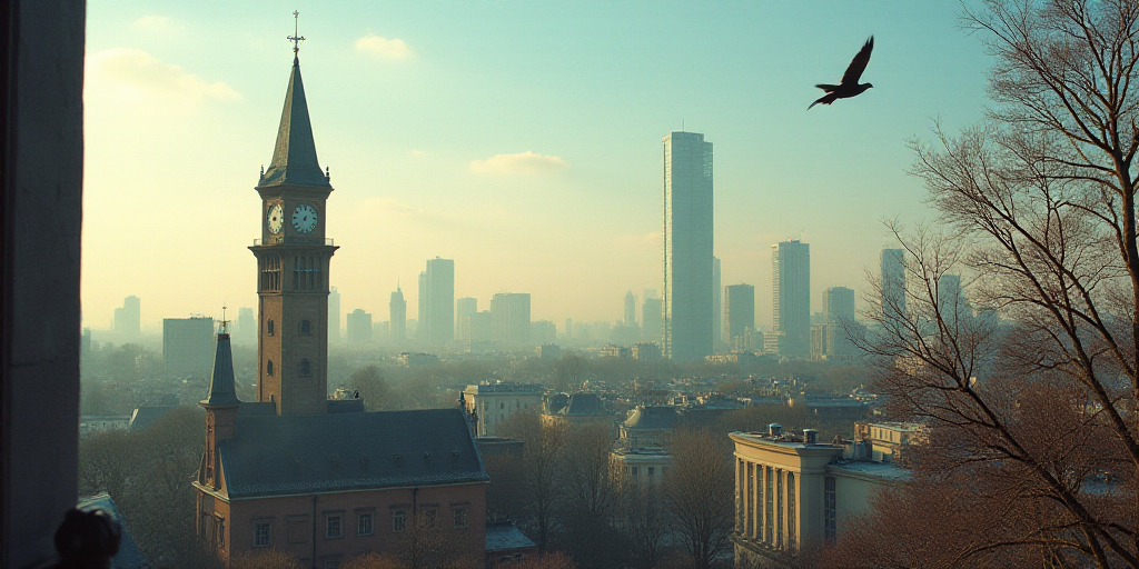 a view of a city with tall buildings and a clock tower in the foreground, and a bird flying overhead
