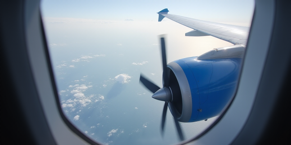 a view of a jet engine from a plane window over the earth and the sky, with a plane wing and a prope