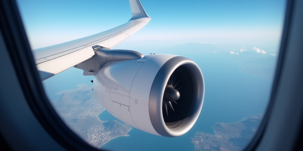 a view of a jet engine from a plane window over the earth and the sky, with a plane wing and a prope
