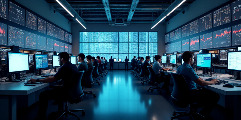 a view of a stock market with people working on their computers and on their phones and on their pho