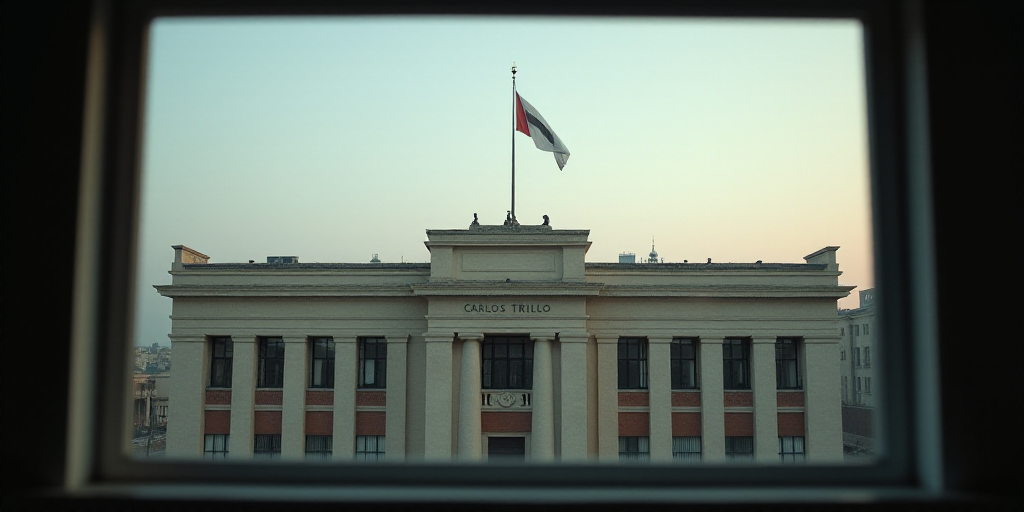 a view of the building through a window of a building with a flag on top of it and a flagpole on top
