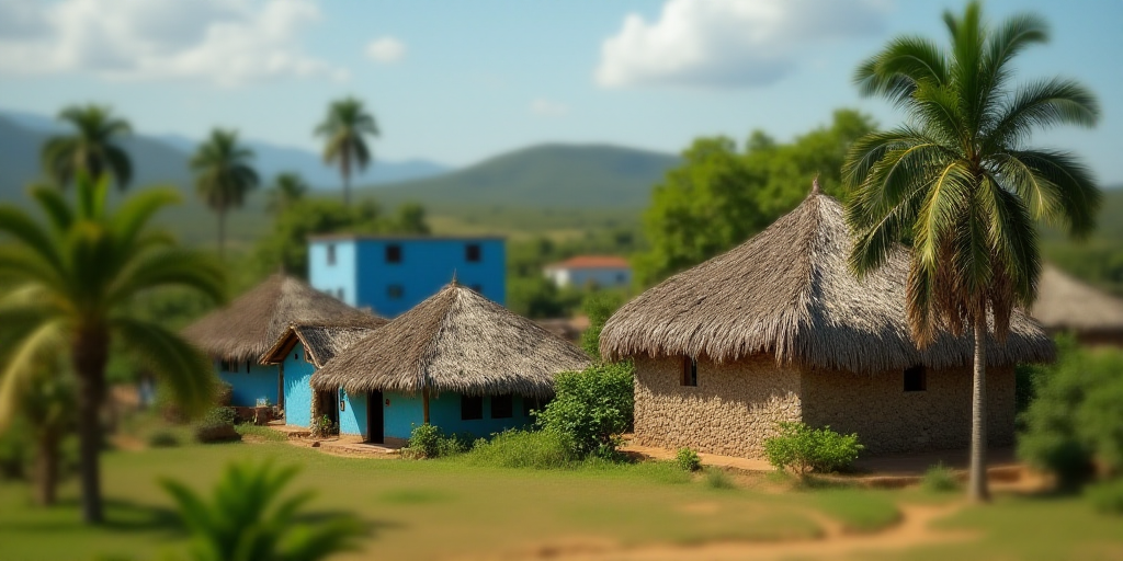 a village with a thatched roof and palm trees in the foreground and a blue building in the backgroun