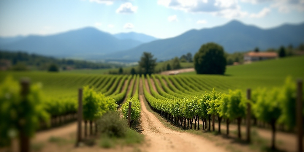 a vineyard with a dirt path and mountains in the background with trees in the foreground and a few b