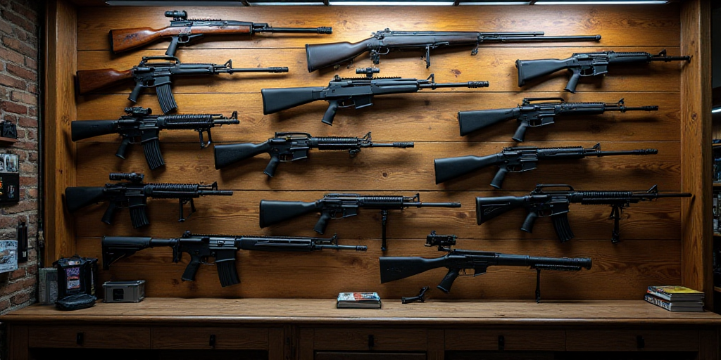 a wall of guns and rifles in a store or shop with a lot of them on display on the wall, Andries Stoc