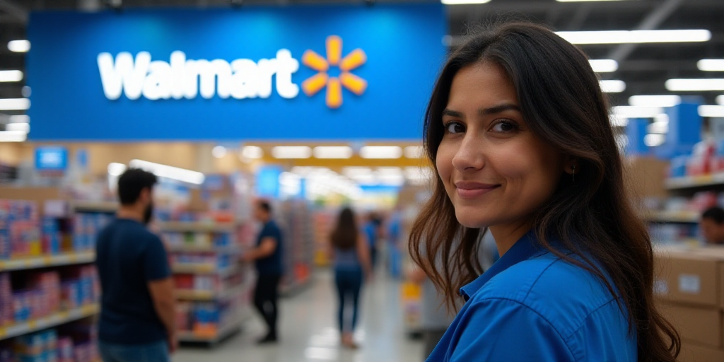 a walmart sign is in a store with people in the background and a woman in a blue shirt, Estuardo Mal
