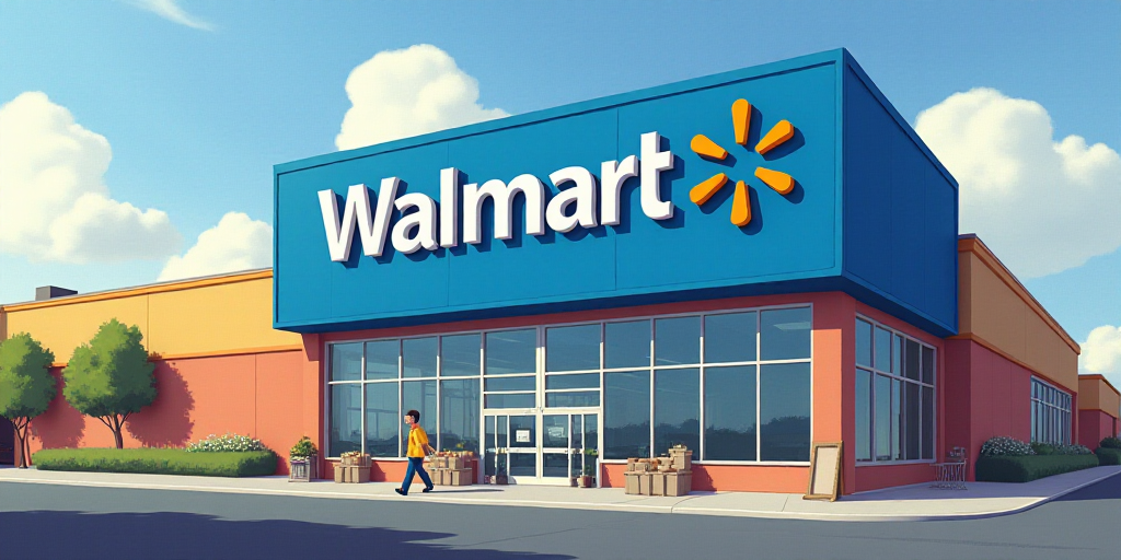 a walmart sign is shown on a building with a man walking past it and a person walking past it, Doug