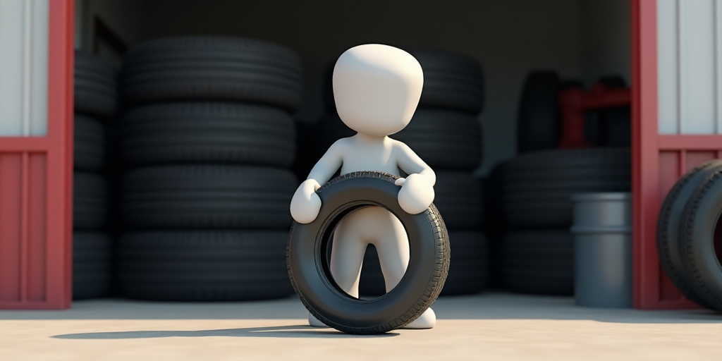 a white cartoon character holding a tire in a garage with other tires on the floor and a rack of tir
