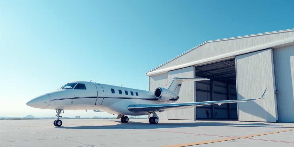 a white jet sitting on top of an airport tarmac next to a hangar door with a blue sky background, Ei