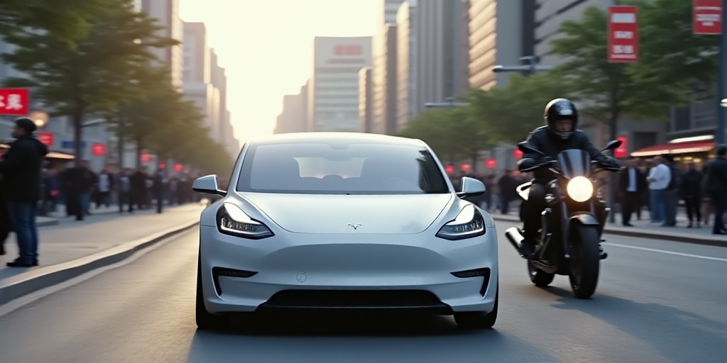 a white tesla electric car driving down a street with people standing around it and a motorcycle beh