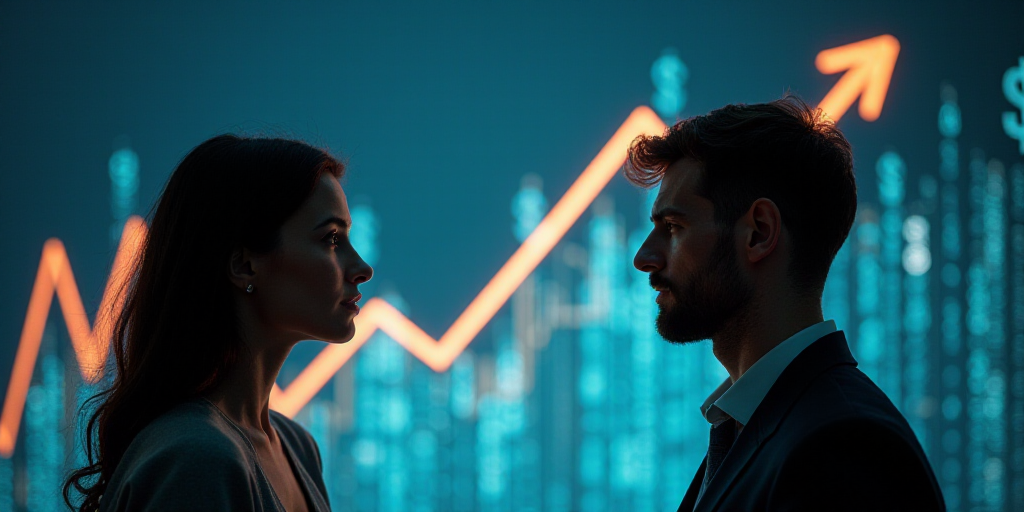 a woman and a man are facing each other in front of a graph arrow and a dollar sign with a dollar si