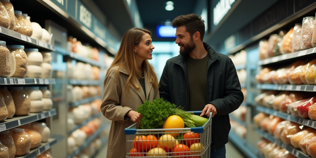 a woman and a man are shopping in a store together, with a cart full of food in the background, Cefe