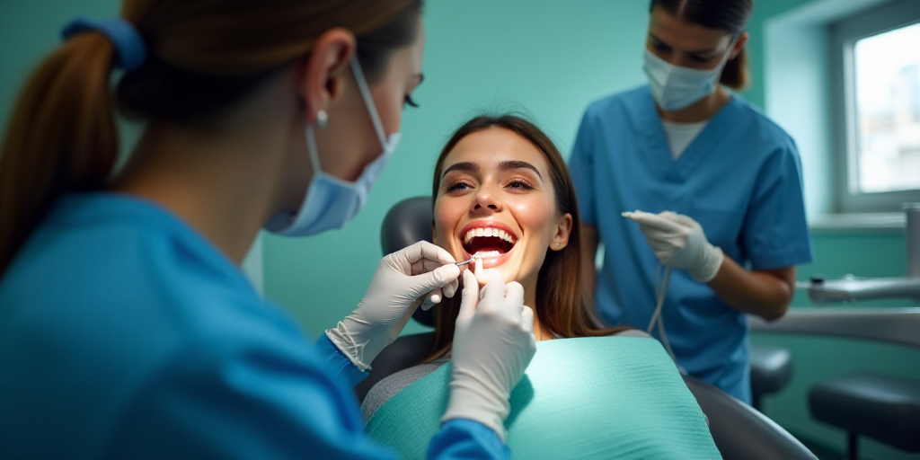 a woman getting her teeth checked by a dentist in a dental office with a man in a mask and a woman i