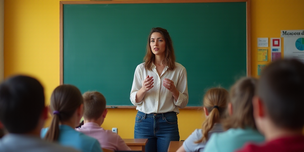 a woman giving a presentation to a class of students in a classroom with colorful walls and a chalkb