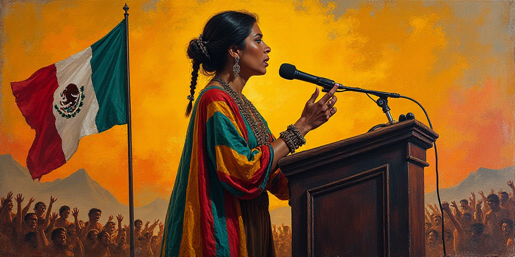 a woman giving a speech at a podium with a microphone in her hand and a mexican flag on the back, Da