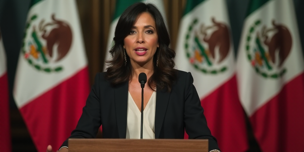 a woman giving a speech at a podium with flags behind her and a mexican flag behind her, with a mexi