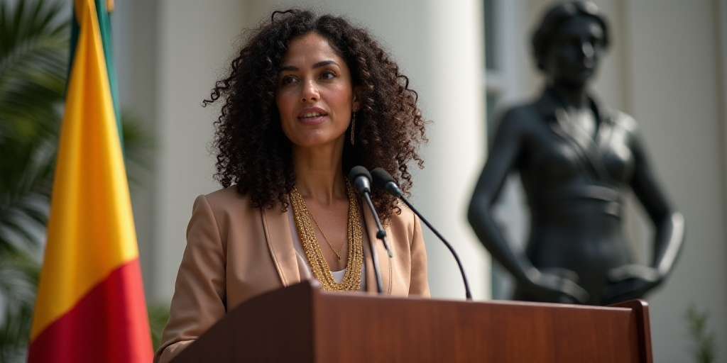 a woman giving a speech at a podium with a flag behind her and a statue of a woman behind her, Arace