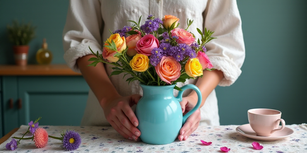 a woman holding a bouquet of flowers on a table with a blue handle and a purple and yellow flower, A