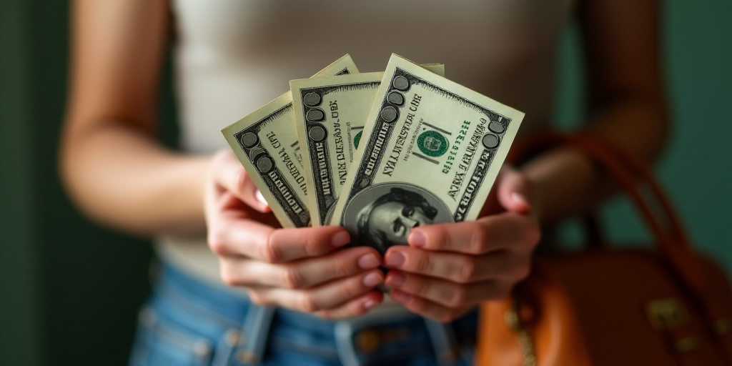 a woman holding a bunch of money in her hands with a purse in the background and a purse on the othe
