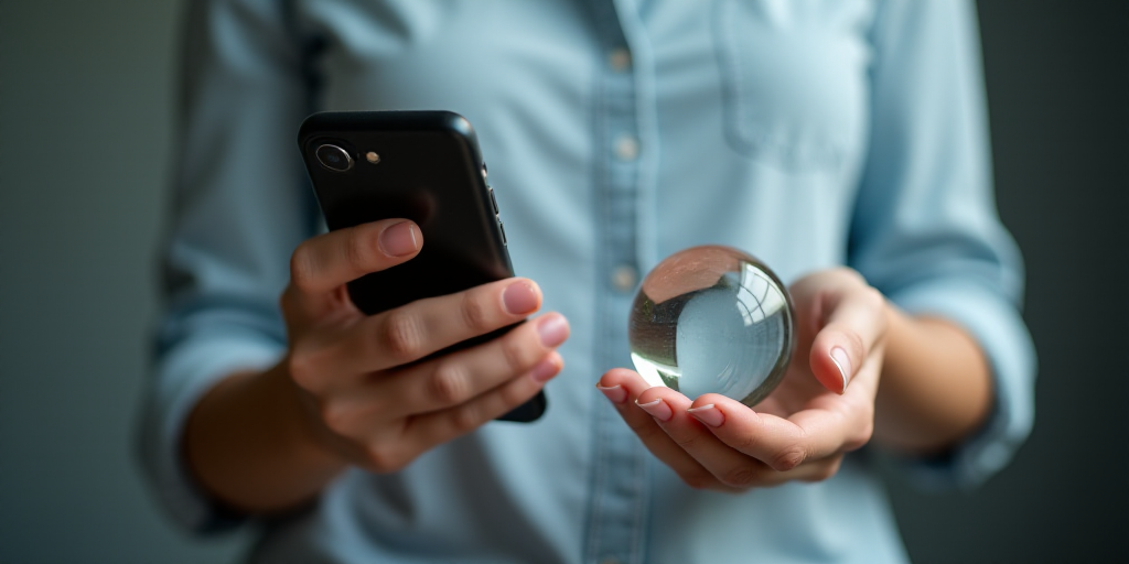 a woman holding a cell phone and a laptop computer in her hands with a glass ball in her hand, Denni