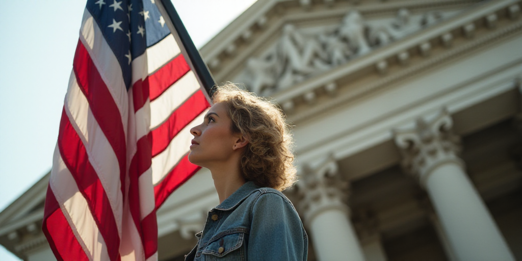 a woman holding a flag in front of a building with columns and a clock on it's side, Dennis Ashbaugh