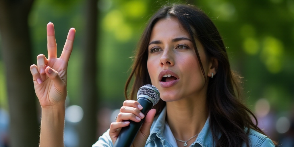 a woman holding a microphone up to her face and making a peace sign with her hands while standing in