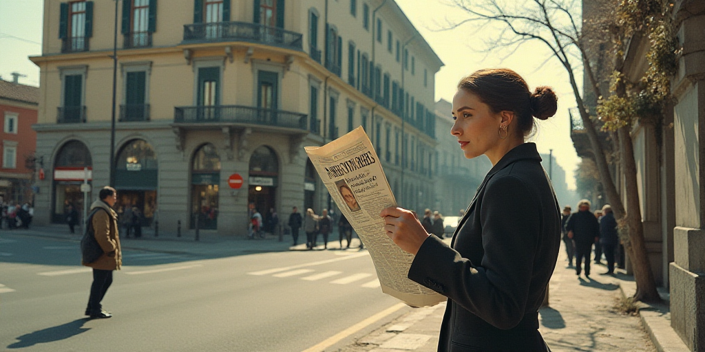 a woman holding a newspaper in her hands on a street corner with people walking by and a building in