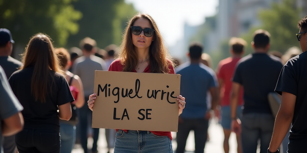 a woman holding a sign in front of a crowd of people on a sidewalk with a sign that says miguel urri