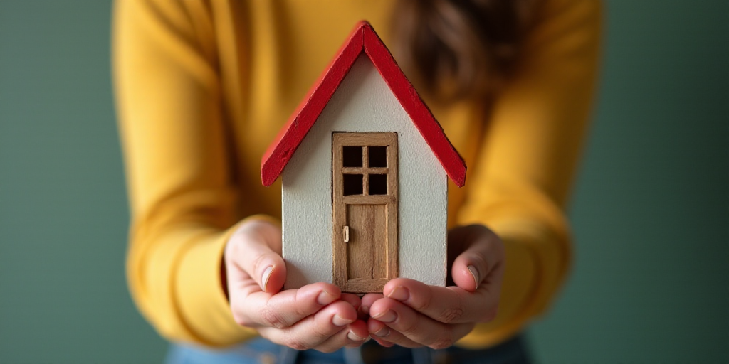 a woman holding a small house in her hands with a red roof on top of it and a small house in the mid
