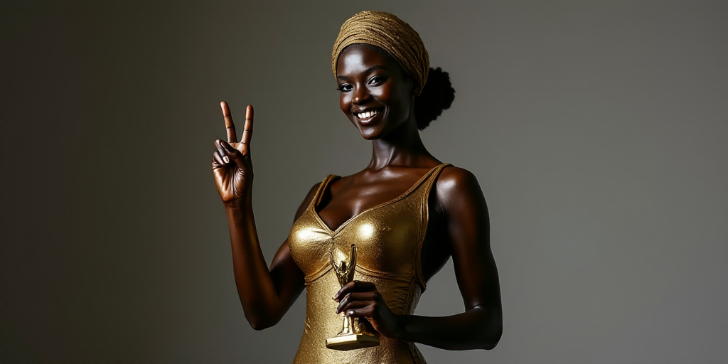 a woman holding a trophy and giving the peace sign with her hand and smiling at the camera with a vi