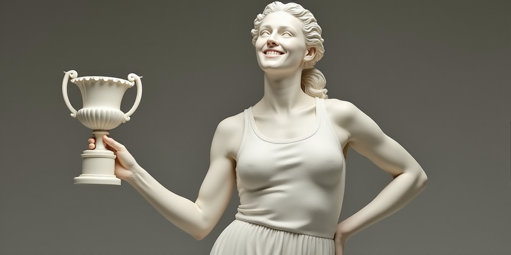 a woman holding a trophy in her right hand and smiling at the camera with a smile on her face, Celia