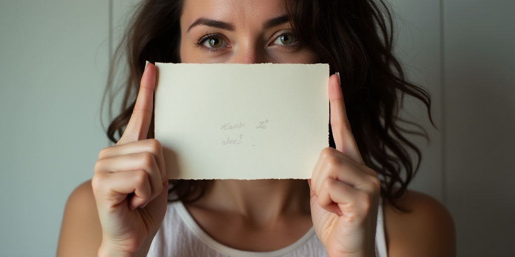 a woman holding up a piece of paper with a message on it in front of her face and smiling, Anna Mari