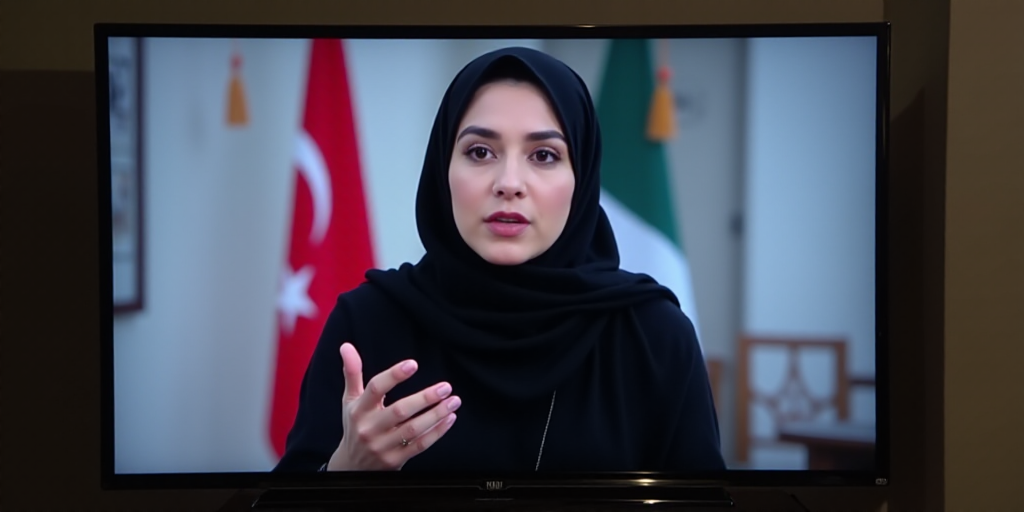 a woman in a black hijab is giving a speech in a news program on the television screen, Abdullah Gë
