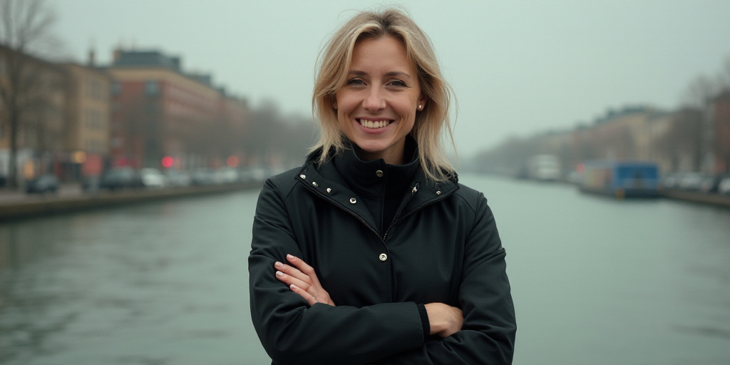 a woman in a black jacket is smiling for the camera with her arms crossed and her hands folded in fr