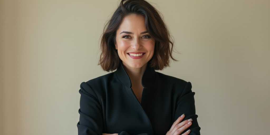 a woman in a black jacket is smiling for the camera with her arms crossed and her hands folded in fr