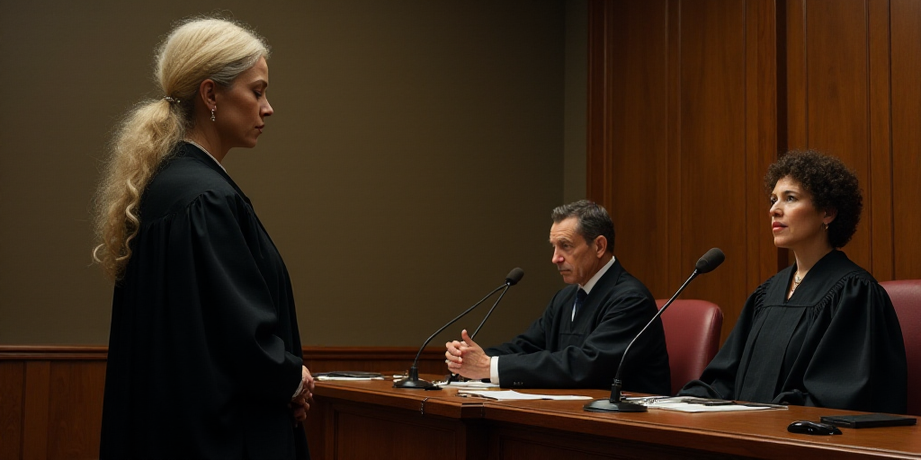 a woman in a black robe standing in front of a judge and a woman in a black robe and a microphone, B
