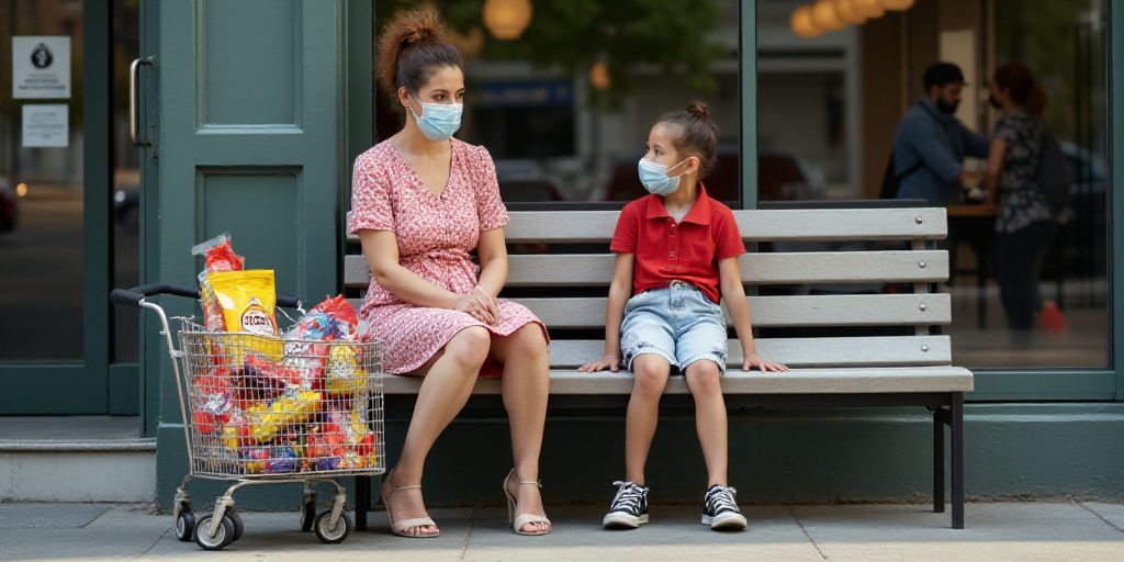 a woman in a face mask sitting on a bench next to a cart of candy bags and a child, Bourgeois, hyper