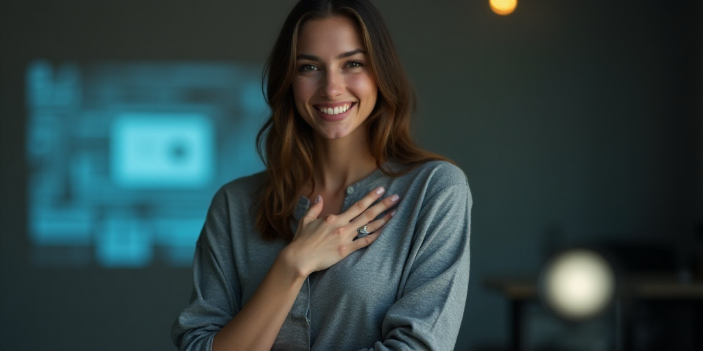 a woman in a gray top is smiling for the camera with her hands folded in front of her chest, Arament